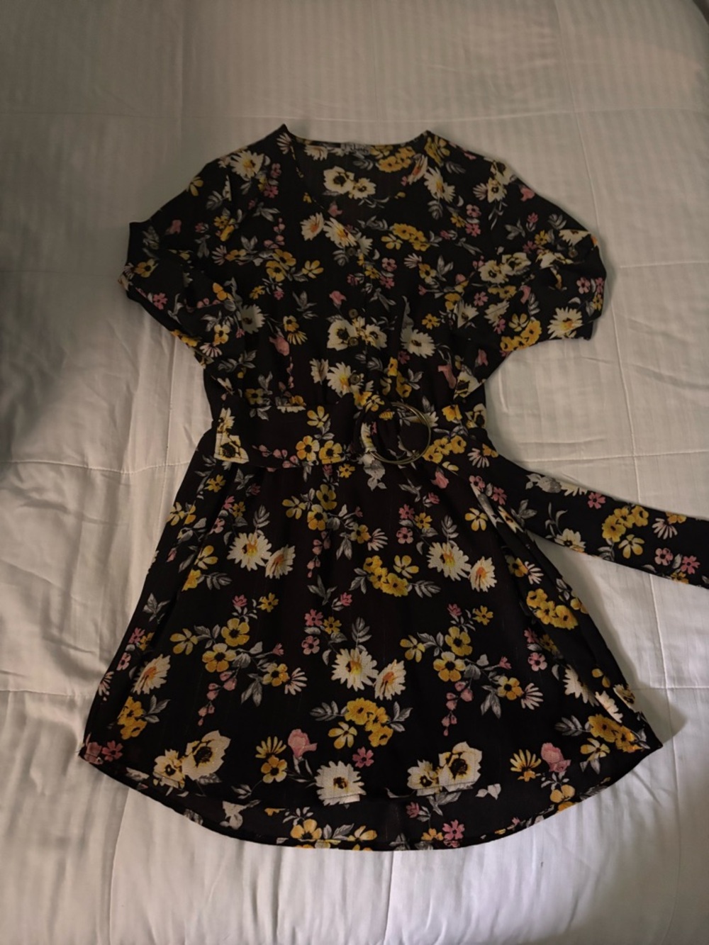 J for Justify Black Floral Mini Dress with Yellow and Pink Blooms